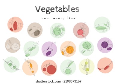 Set  of hand drawn vegetables in continuous line style. Potatoes, zucchini, carrots and many other vegetables set. Vegetables minimalist black linear sketch isolated on white background. 