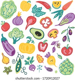 Set of hand drawn vegetables in doodle style isolated on  white background. Vector colorful illustration. Vegan theme. Healthy lifestyle. Natural food