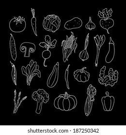 Set of hand drawn vegetables. Doodles, vector illustration. Isolated on a black background.