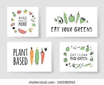 Set of Hand drawn vegetables, fruits and eco friendly words. Vector artistic doodle drawing food and Vegan quote cards. Vegetarian illustration and positive text