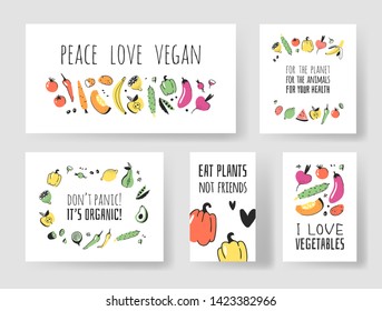 Set of Hand drawn vegetables, fruits and eco friendly words. Vector artistic doodle drawing food and Vegan quote cards. Vegetarian illustration and positive text