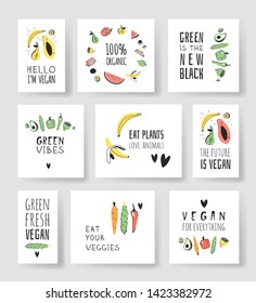 Set of Hand drawn vegetables, fruits and eco friendly words. Vector artistic doodle drawing food and Vegan quote cards. Vegetarian illustration and positive text