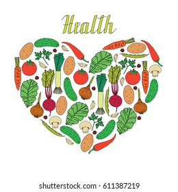 Set of hand drawn vegetables inside  shape of heart and lettering health 