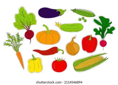 Conjunto de verduras esparcidas a mano aisladas en un fondo blanco. Ilustración vectorial.