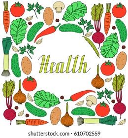 Set of hand drawn vegetables on white background and lettering health inside circle shape