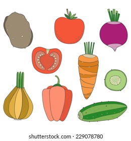 Set of hand drawn vegetables, potatoes, cucumber, tomato, carrot 