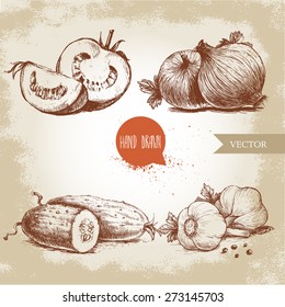 Set of hand drawn vegetables. Sliced tomatoes, onion, cucumber and garlic. Sketch style ecological food illustration.