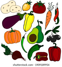 Set of hand drawn vegetables. Vegetarian elements for your design. Food, beverage and culinary ingredients series.Suitable for postcards, posters, badge, logo, sticker, print.
