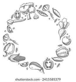 Set hand drawn vegetables.Sketches food.Fresh vegetable. Hand drawn illustration.Healthy food frame a circle vegetables.Vintage retro food.Frame heart vegetable.Heart shape with organic vegetables.