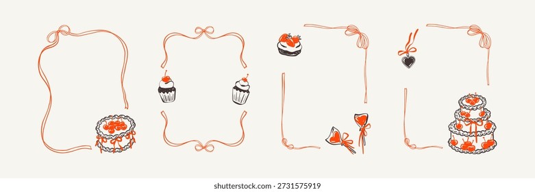 Set von handgezeichneten siegreichen Stil Pariser Café, Patisserie, Bäckerei skurrile Kokettrahmen für Menü, Poster, Einladung Design. Coquettish rosa Band Bögen. Handgezeichnete Buntstift-Doodle-Illustration