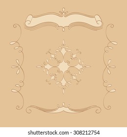set of hand drawn vignettes - brown color vignettes on the light brown color background