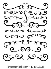 Set of hand drawn vignettes in grunge retro style. Elegant vintage calligraphic borders and dividers for greeting card, retro party, wedding invitation. Vector illustration. 