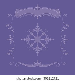 set of hand drawn vignettes - light violet color vignettes on the violet color background