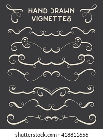 Set of hand drawn vignettes in retro style. Elegant vintage calligraphic borders and dividers for greeting card, retro party, wedding invitation. Vector illustration. 