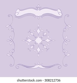 set of hand drawn vignettes - violet color vignettes on the light violet color background