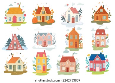 set of hand drawn village houses,  countryside cottage. Real estate theme. Good for posters, prints, cards, stickers, signs, etc. EPS 10