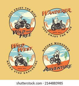 Set Hand Drawn Vintage Adventure Motorcycle Club Logo Label Badge