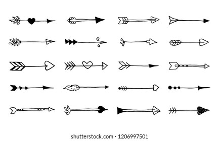 Set of hand drawn vintage arrows. Vector illustration.