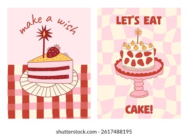 Set of hand drawn vintage birthday posters with strawberry cakes on checkered background. Whimsical dessert drawings. Coquette confectionery design. Contemporary art vector illustrations