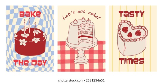Set of hand drawn vintage birthday posters with cakes on checkered background. Whimsical vector treats. Hand drawn cakes. Sweet coquette style. Contemporary art illustrations.	