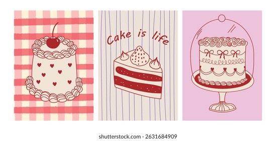 Set of hand drawn vintage birthday posters with cakes on checkered background. Whimsical vector treats. Hand drawn cakes. Sweet coquette style. Contemporary art illustrations.	