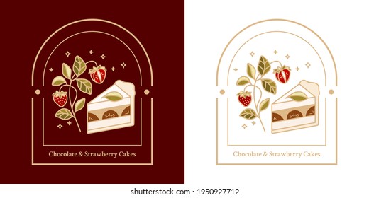 Set of hand drawn vintage cake, pastry and bakery elements with strawberry and floral illustrations for food logo, emblem, icon, brand, sticker or product decoration