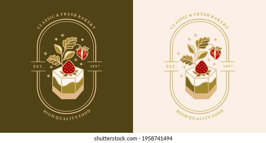 Set of hand drawn vintage cake, pastry and bakery elements with strawberry, green tea, and floral illustrations for food logo, emblem, icon, brand, sticker or product decoration