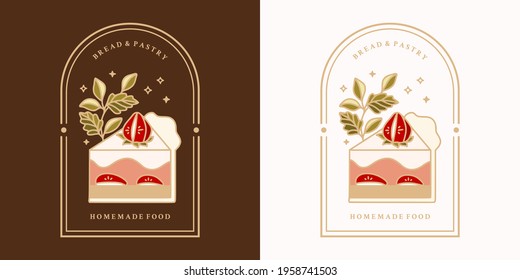 Set of hand drawn vintage cake, pastry and bakery elements with strawberry and floral illustrations for food logo, emblem, icon, brand, sticker or product decoration