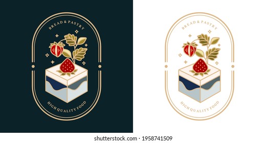 Set of hand drawn vintage cake, pastry and bakery elements with strawberry and floral illustrations for food logo, emblem, icon, brand, sticker or product decoration