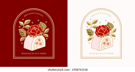 Set of hand drawn vintage cake, pastry and bakery elements with strawberry, peony, rose flower, and floral illustrations for food logo, emblem, icon, brand, sticker or product decoration