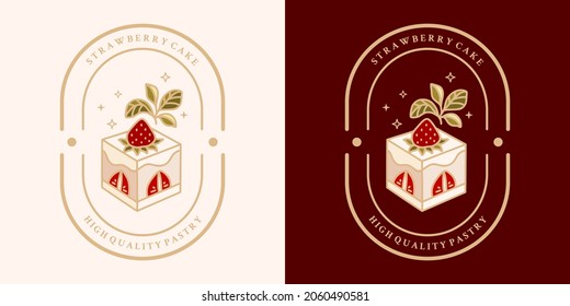 Set of hand drawn vintage cake, pastry and bakery elements with strawberry, leaf branch, and floral vector illustrations for food logo, emblem, icon, brand, sticker or product decoration