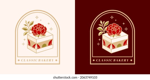 Set of hand drawn vintage cake, pastry and bakery elements with strawberry, rose flower, caramel, and floral illustrations for food logo, emblem, icon, brand, sticker or product decoration