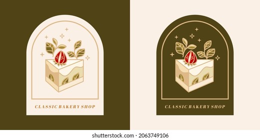 Set of hand drawn vintage cake, pastry and bakery elements with strawberry, green tea, and floral illustrations for food logo, emblem, icon, brand, sticker or product decoration