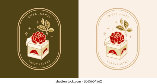 Set of hand drawn vintage cake, pastry and bakery elements with strawberry, rose flower, green tea, and floral illustrations for food logo, emblem, icon, brand, sticker or product decoration