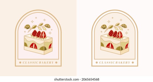 Set of hand drawn vintage cake, pastry and bakery elements with strawberry, green tea, and floral illustrations for food logo, emblem, cafe icon, brand, sticker or product decoration