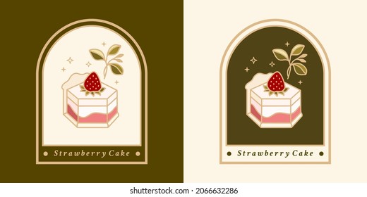 Set of hand drawn vintage cake, pastry and bakery elements with strawberry, leaf branch, and floral vector illustrations for food logo, emblem, icon, brand, sticker or product decoration