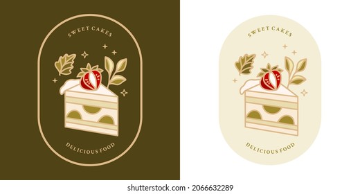Set of hand drawn vintage cake, pastry and bakery elements with strawberry, green tea, and floral illustrations for food logo, emblem, icon, brand, sticker or product decoration
