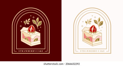 Conjunto de elementos de pastelería, pastelería y pastelería a mano con fresa, biela de hojas e ilustraciones de vectores florales para el logotipo de alimentos, emblema, icono, marca, pegatina o decoración de productos