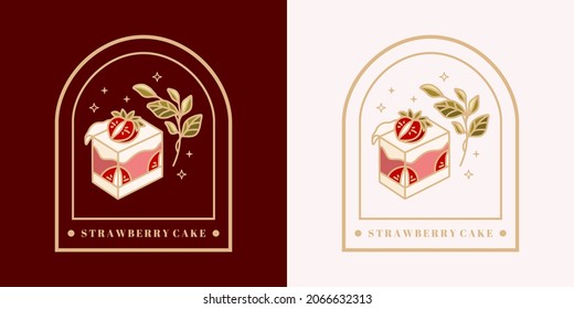 Set of hand drawn vintage cake, pastry and bakery elements with strawberry, leaf branch, and floral vector illustrations for food logo, emblem, icon, brand, sticker or product decoration