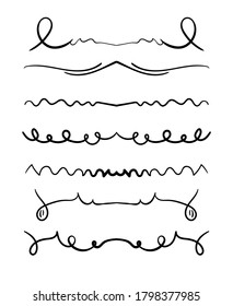 Set of hand drawn vintage calligraphy flourish decorative art whorls for text. Vector illustration. Hnd drawn vintage swirl set.