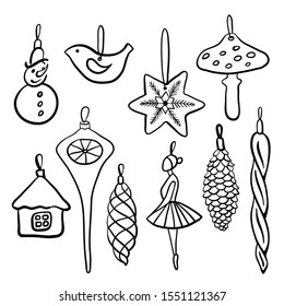 Set of hand drawn vintage Christmas tree decorations isolated on white background. Christmas design elements. Vector illustration