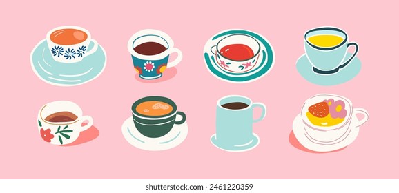 Set of hand drawn vintage coffee mug doodles. Breakfast tea cup illustration collection with retro floral pattern, fine china hot drink clip art bundle. Decoration element drawing, flat cartoon.