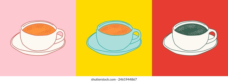 Set of hand drawn vintage coffee mug doodles. Breakfast tea cup illustration collection with retro fine china hot drink clip art bundle. Decoration element drawing, flat cartoon.	