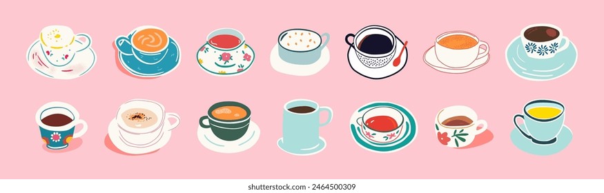 Set of hand drawn vintage coffee mug doodles. Breakfast tea cup illustration collection with retro floral pattern, fine china hot drink clip art bundle. Decoration element drawing, flat cartoon.