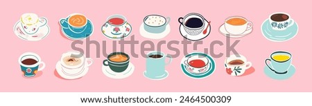 Set of hand drawn vintage coffee mug doodles. Breakfast tea cup illustration collection with retro floral pattern, fine china hot drink clip art bundle. Decoration element drawing, flat cartoon.
