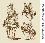 Set of hand drawn vintage cowboys on horses vector illustrations