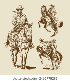 Set of hand drawn vintage cowboys on horses vector illustrations