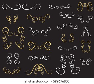 Set of hand drawn vintage decor elements for logos, cards, wedding albums, pages or restaurant menu. Vector illustration with calligraphic designs on a black background. 