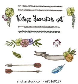 Set of hand drawn Vintage Decor Elements isolated on white background. Vector illustration