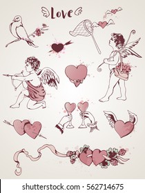 Set of hand drawn vintage design elements for Valentine's day
